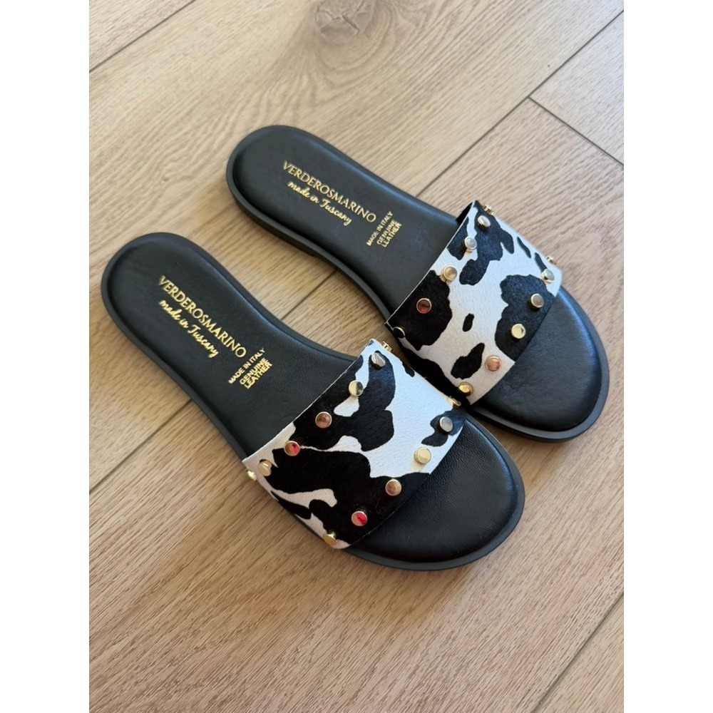 Verderosmarino Italy Cow Print Calf Hair‎ Studded Leather Slide Sandals EU 38